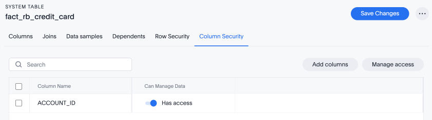 A table with the Account ID column marked as accessible only to the group with Can manage data privileges