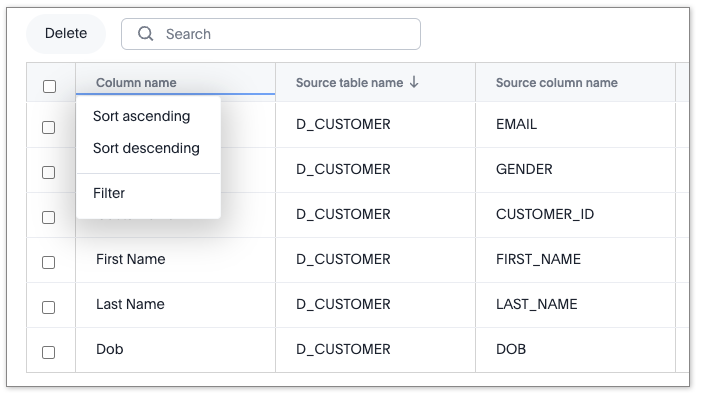 Sort columns