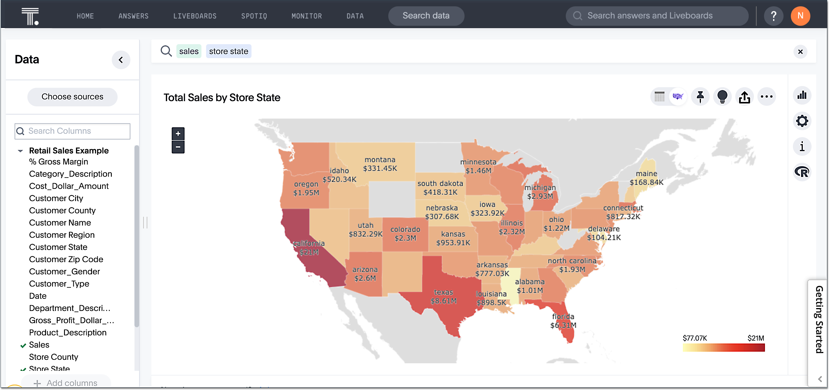 Sales by state geo chart with state names and sales in US dollars