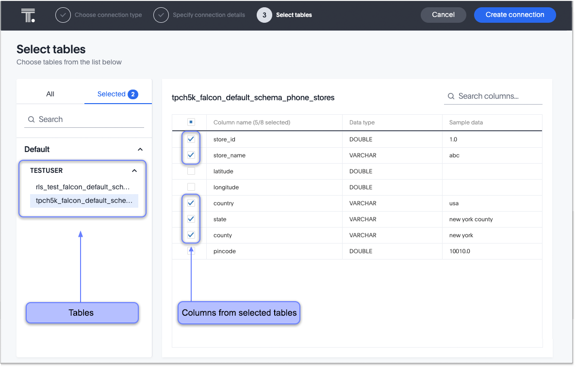 Select tables and columns for your connection