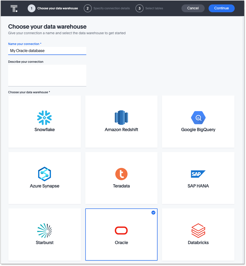 Select the Oracle connection type