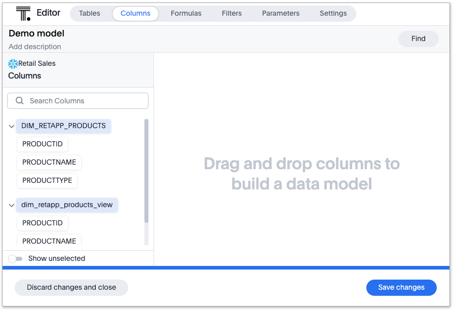 Model columns tab