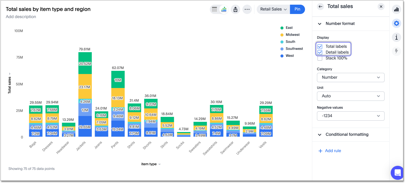 Stacked column chart with labels