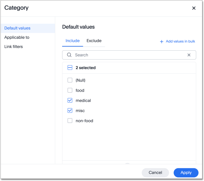 Filter default values to include