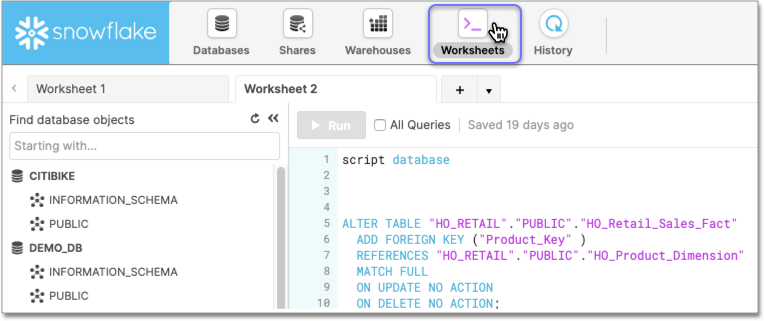 Switch to Worksheets in Snowflake