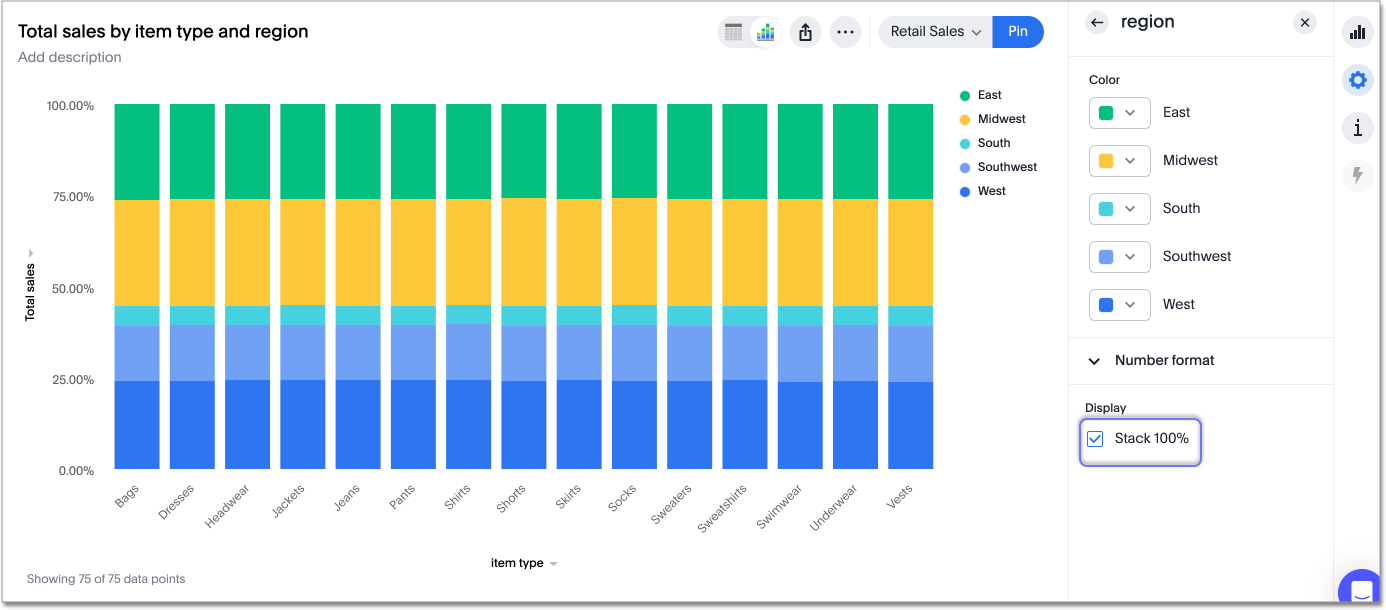 Stacked column chart example — Stack 100 percent toggled on