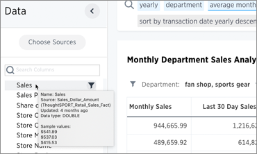 Column information pop-up from data column