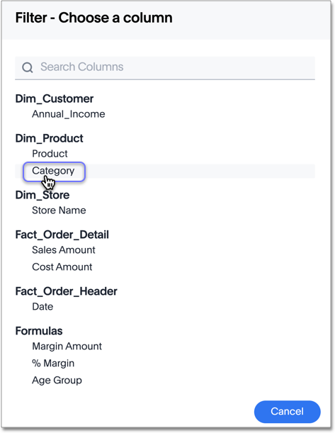 Choose a Worksheet column to filter on